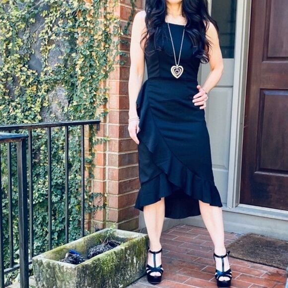 Black Sleeveless Ruffle Trimmed High Low Midi NEW - Picture 8 of 14